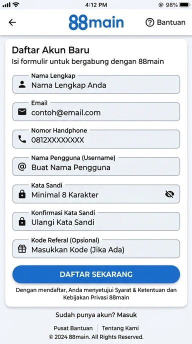Panduan Registrasi Akun Baru 88main untuk Android