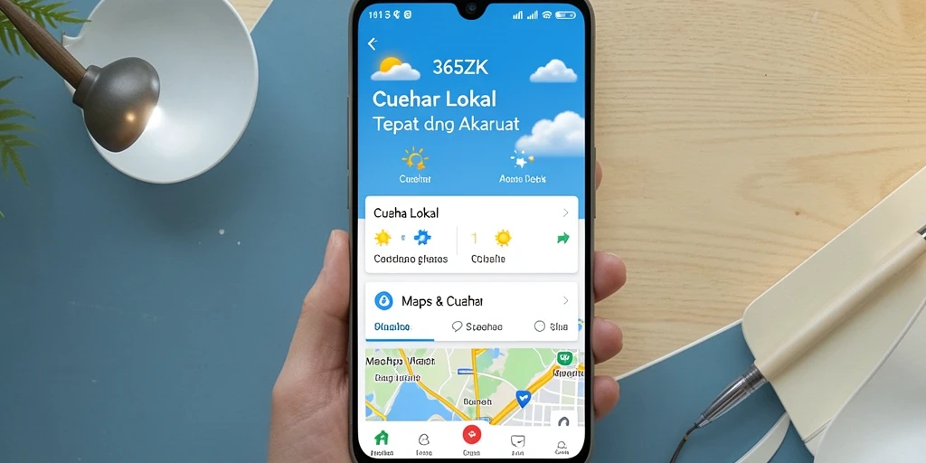 Tampilan antarmuka aplikasi Cuaca Lokal 365ZK dengan informasi cuaca terkini.