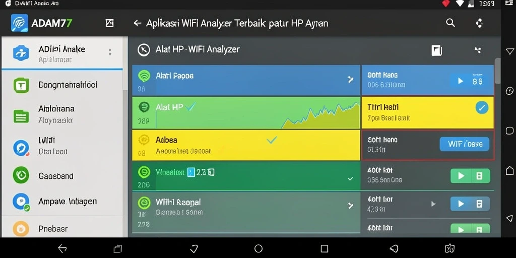 Antarmuka pengguna ADAM77 WiFi Analyzer yang sederhana dan informatif.