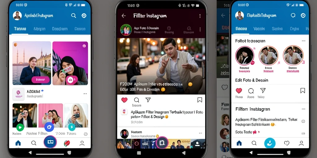 Antarmuka aplikasi F200M dengan berbagai filter Instagram kreatif.